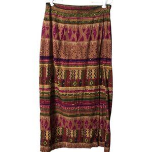 Sun River Clothing Red Gold Ikat Boho Indie Wrap Midi Skirt Women's size L